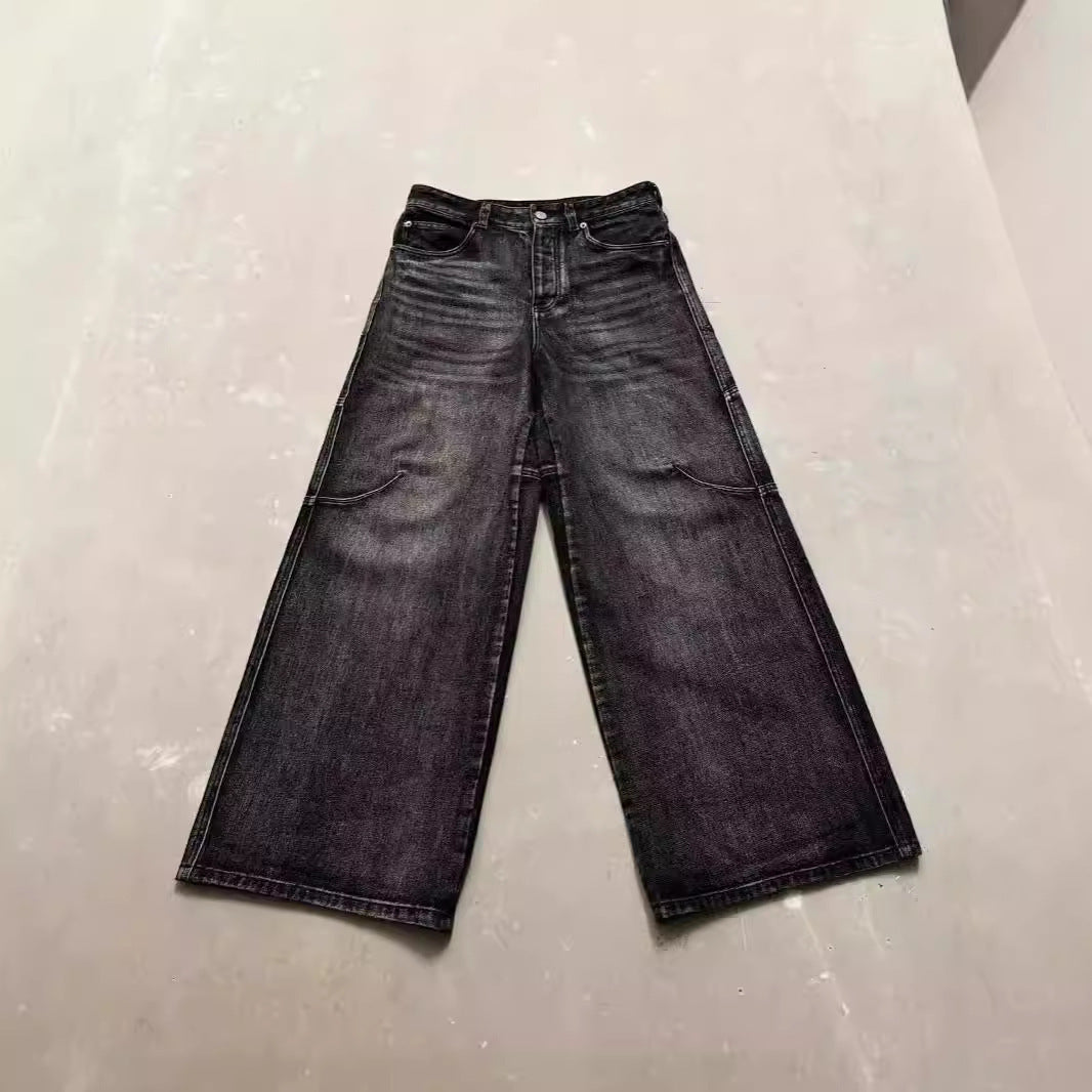 High Street Washed Distressed Black And Gray Straight Jeans