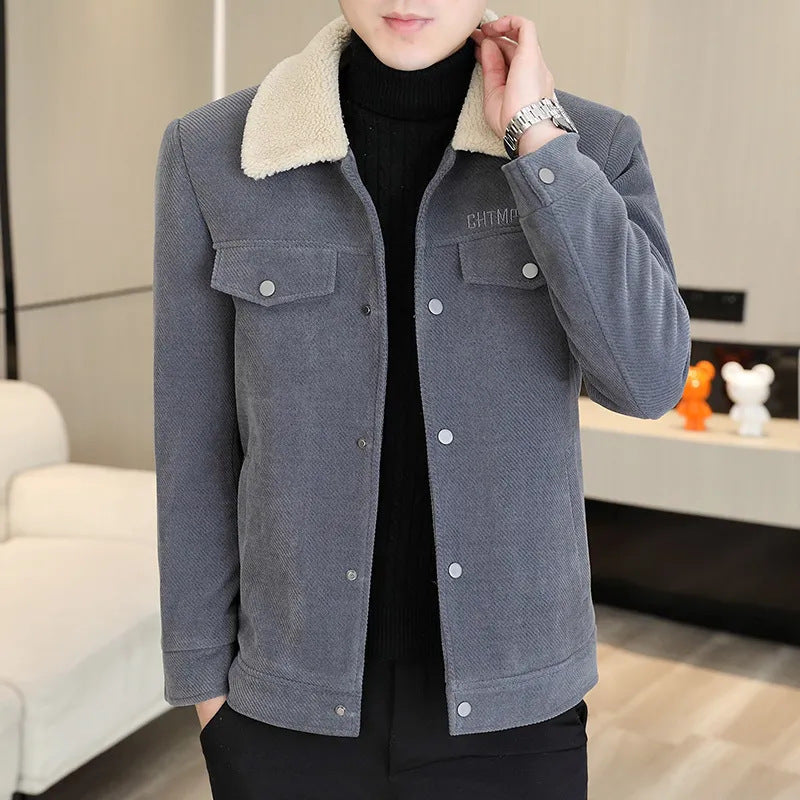 Men's Lapel Pure Color Ribbon Fur Collar Fleece Warm Jacket