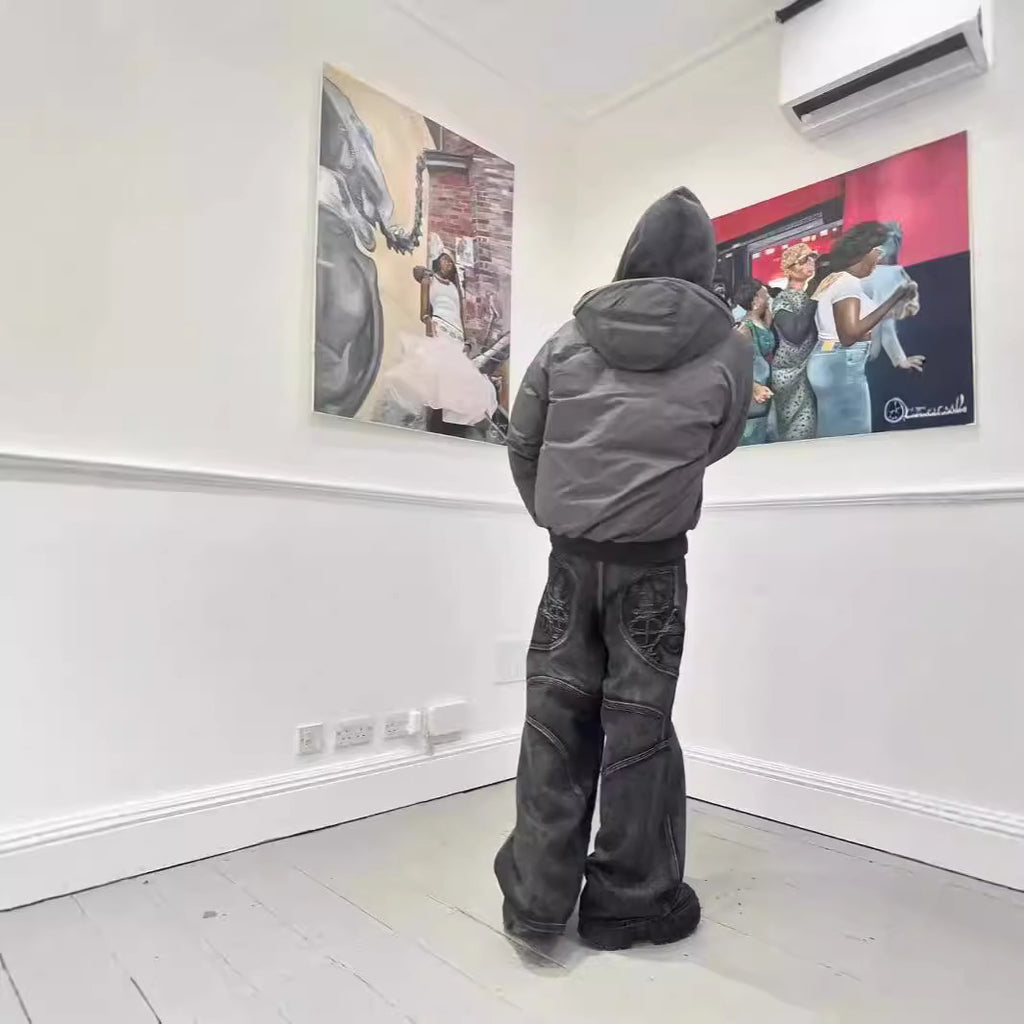 High Street Washed Distressed Black And Gray Straight Jeans