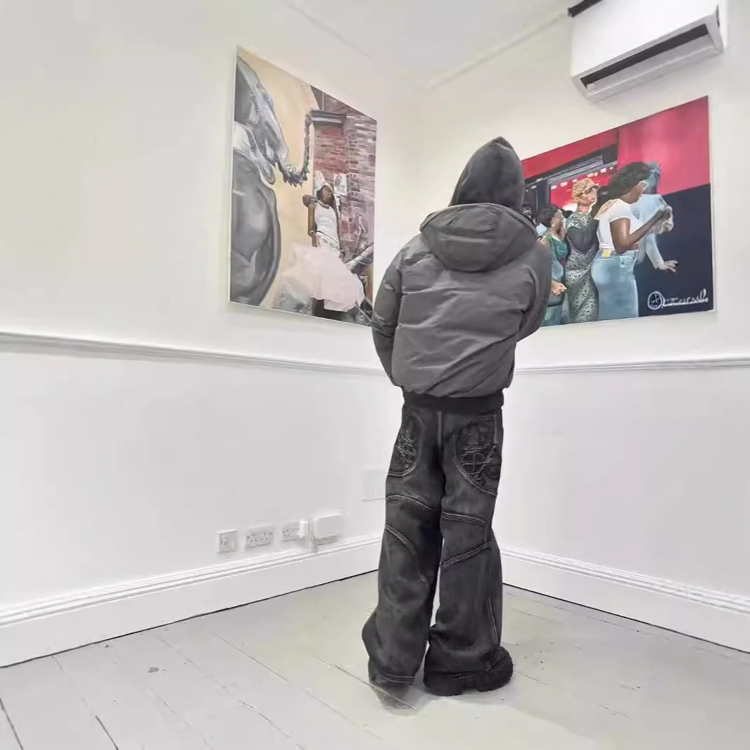 High Street Washed Distressed Black And Gray Straight Jeans