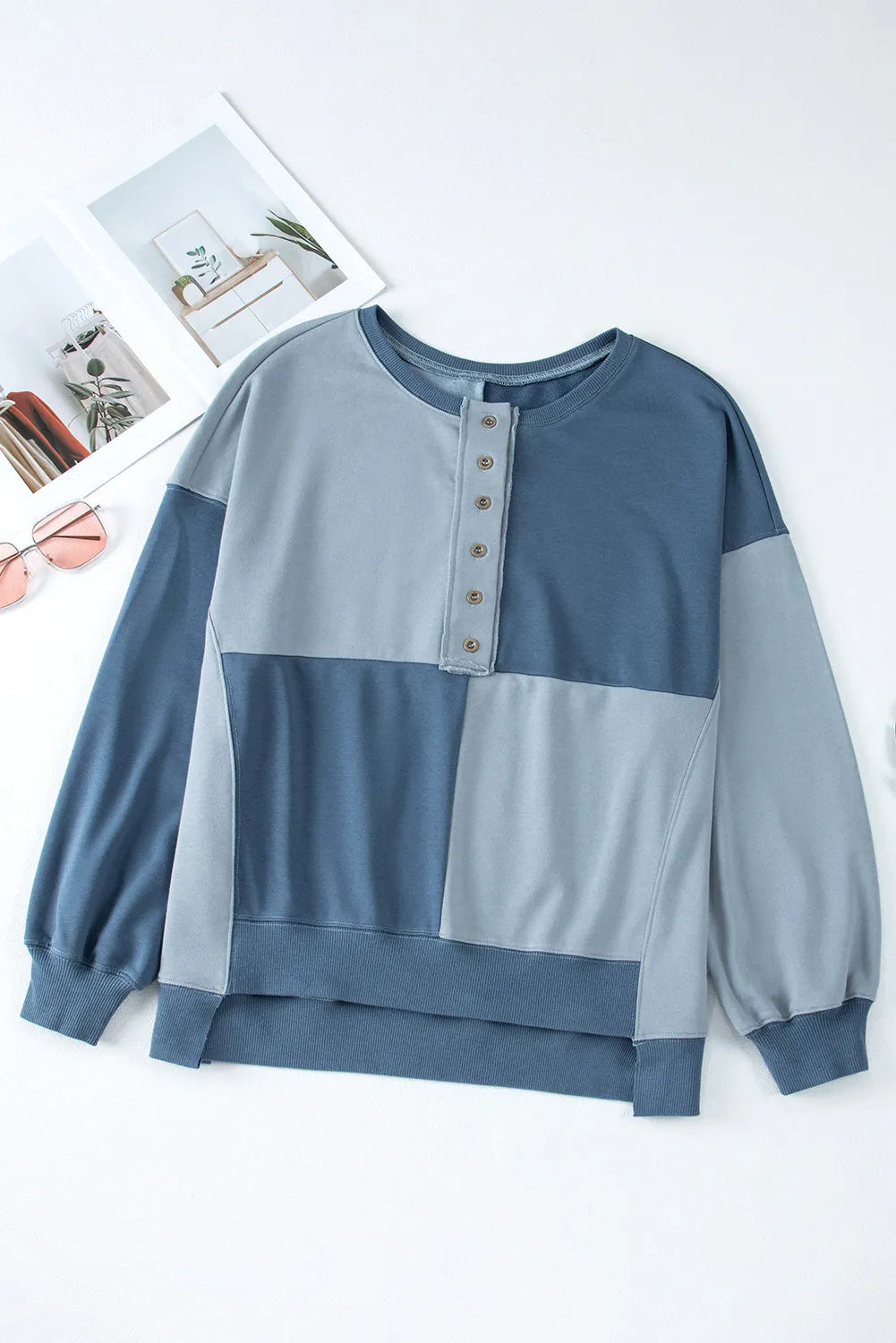 Beau Blue Colorblock Henley High Low Oversize Sweatshirt