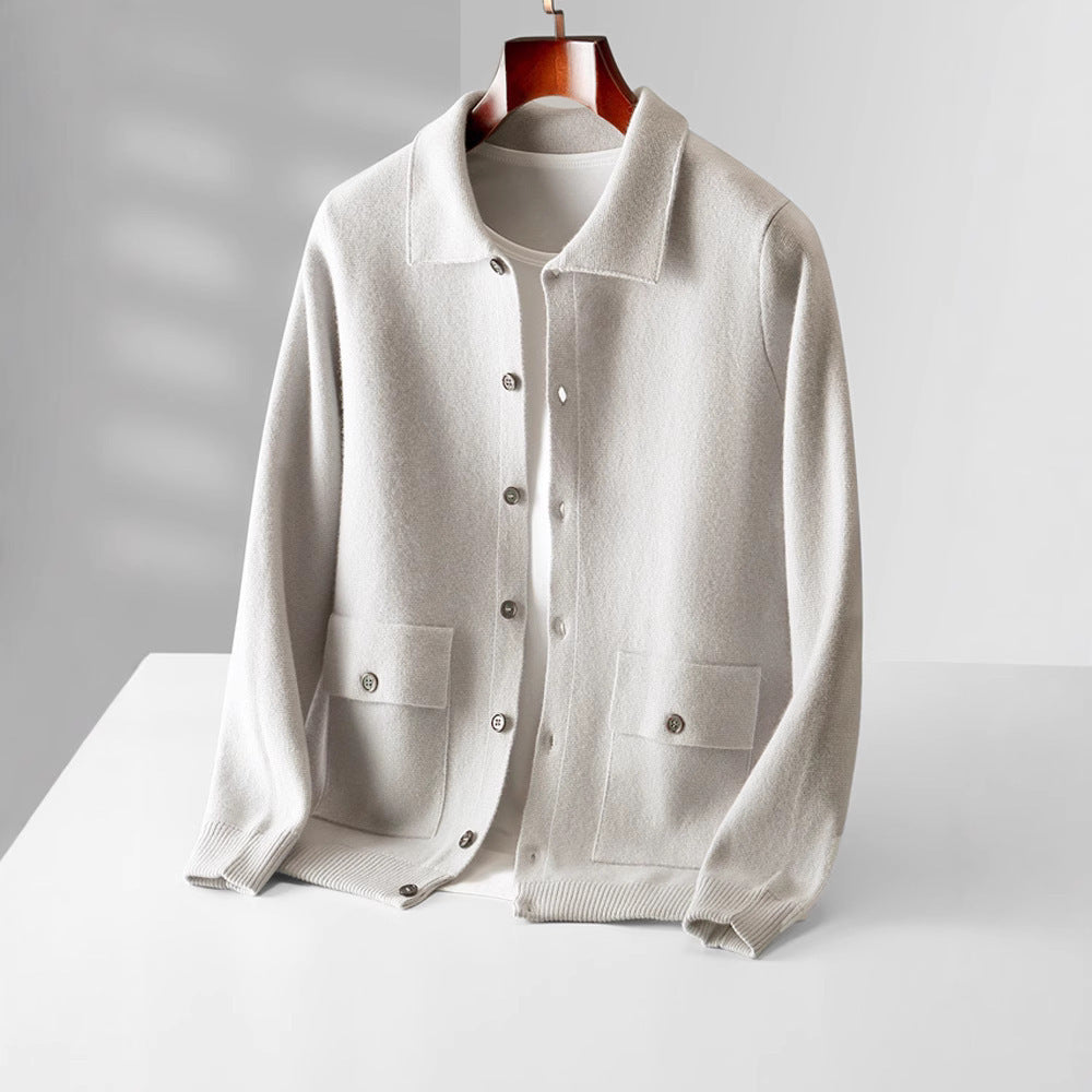 Polo Collar Solid Color Wool Cardigan Vintage Pocket Thick Men's Coat Cashmere Sweater
