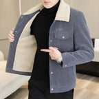 Men's Lapel Pure Color Ribbon Fur Collar Fleece Warm Jacket