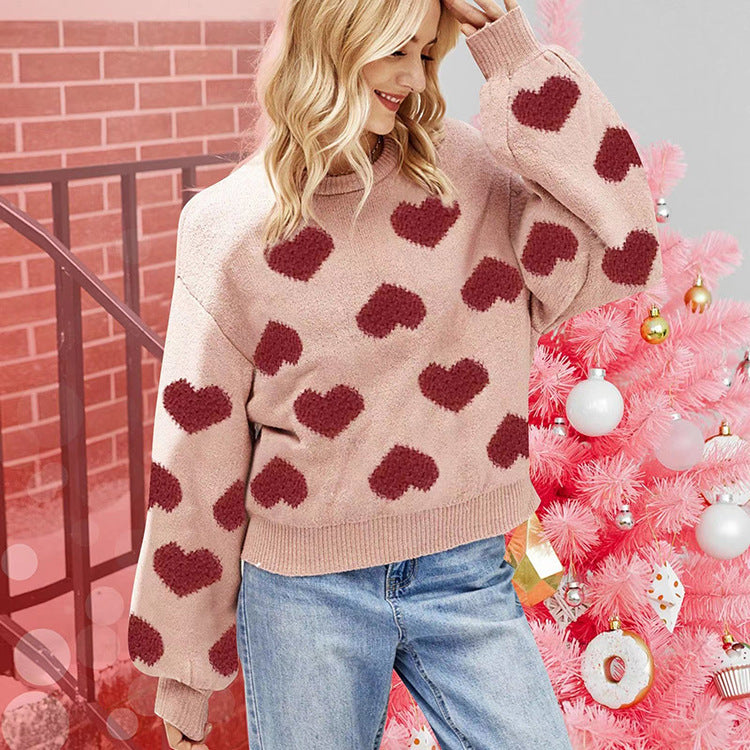 Loose Sweet Loving Heart Jacquard Pullover Sweater