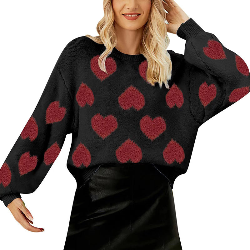 Loose Sweet Loving Heart Jacquard Pullover Sweater