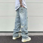 Water Washed Hole Retro Street Wide Leg Jeans