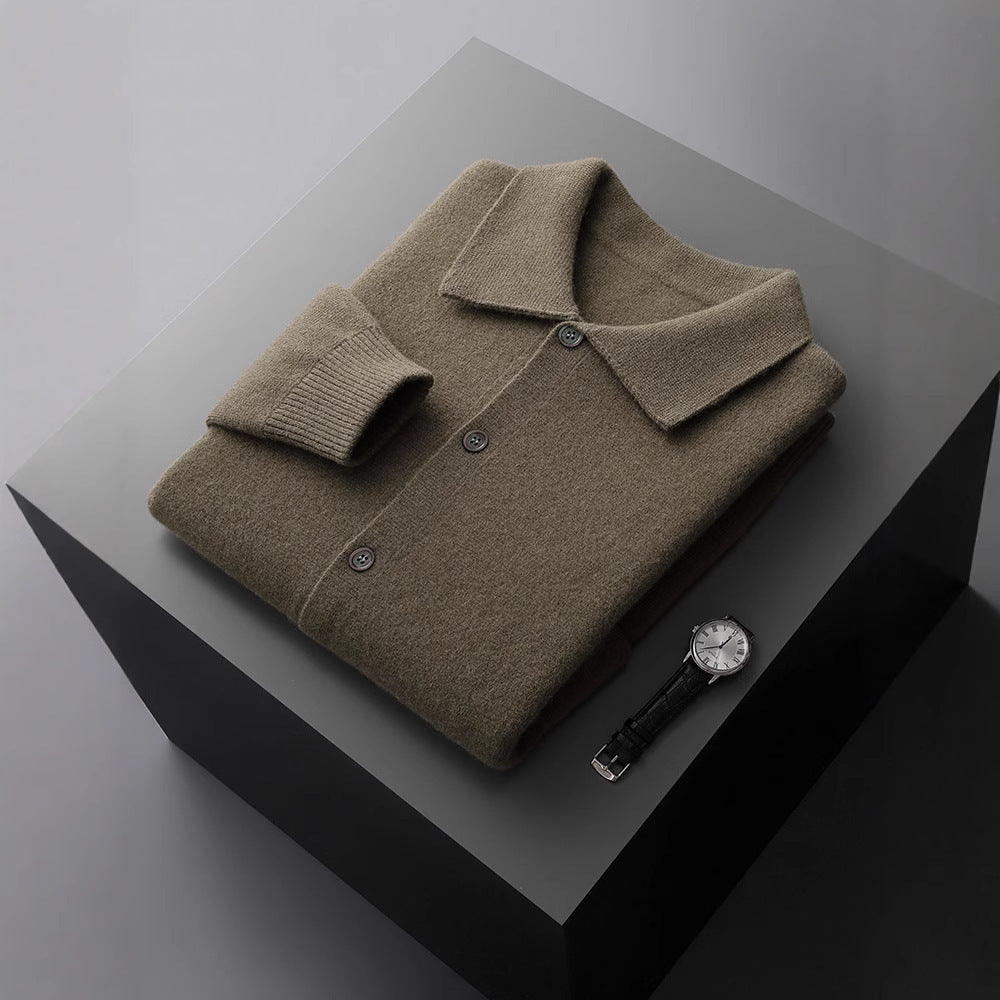 Polo Collar Solid Color Wool Cardigan Vintage Pocket Thick Men's Coat Cashmere Sweater