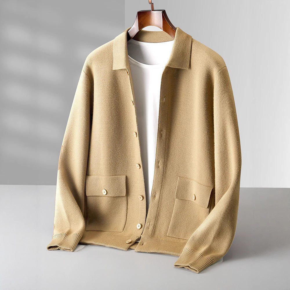 Polo Collar Solid Color Wool Cardigan Vintage Pocket Thick Men's Coat Cashmere Sweater