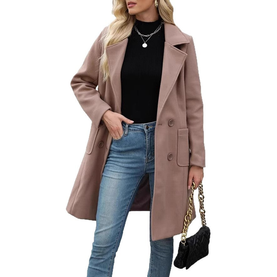 Winter Korean Style Slim Mid-length Double Breasted  Collar Coat