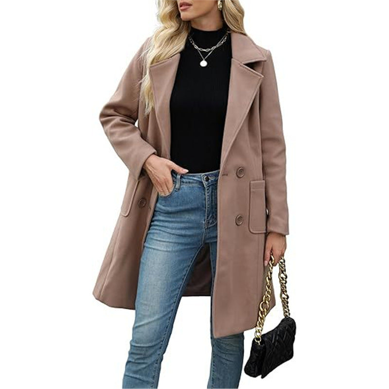 Winter Korean Style Slim Mid-length Double Breasted  Collar Coat