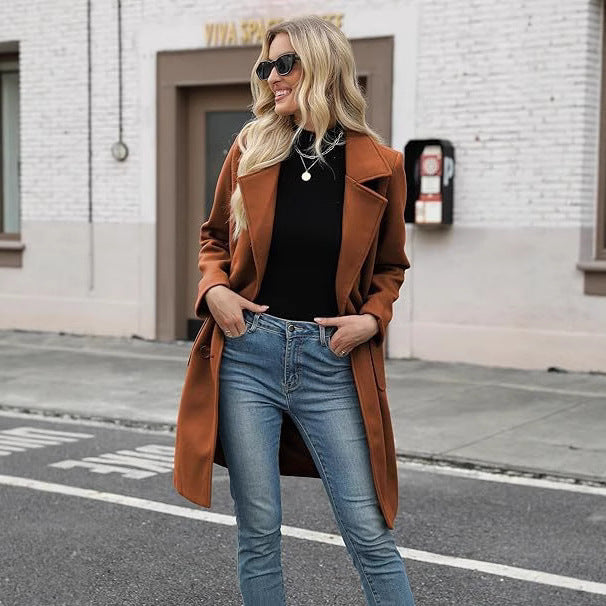 Winter Korean Style Slim Mid-length Double Breasted  Collar Coat