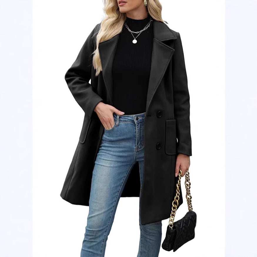 Winter Korean Style Slim Mid-length Double Breasted  Collar Coat