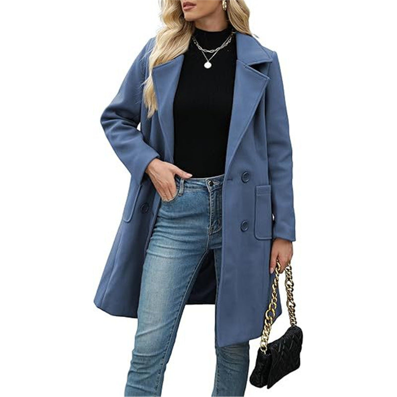 Winter Korean Style Slim Mid-length Double Breasted  Collar Coat