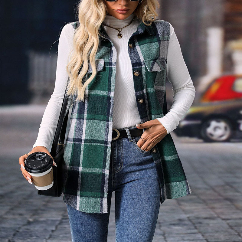 Women's Plaid Lapel Vest Long Sleeveless Jacket