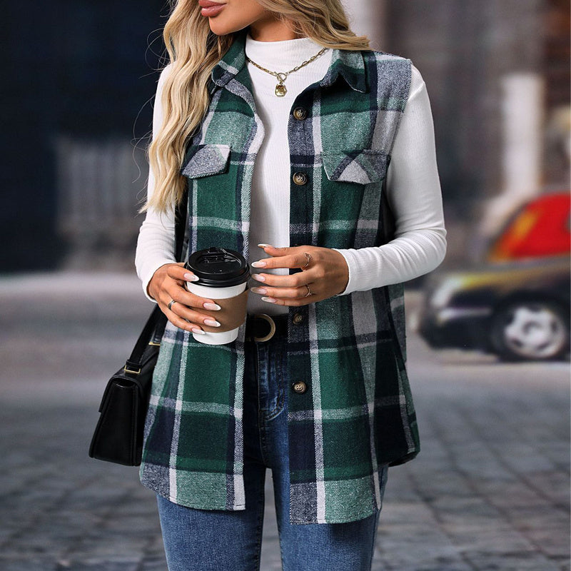 Women's Plaid Lapel Vest Long Sleeveless Jacket