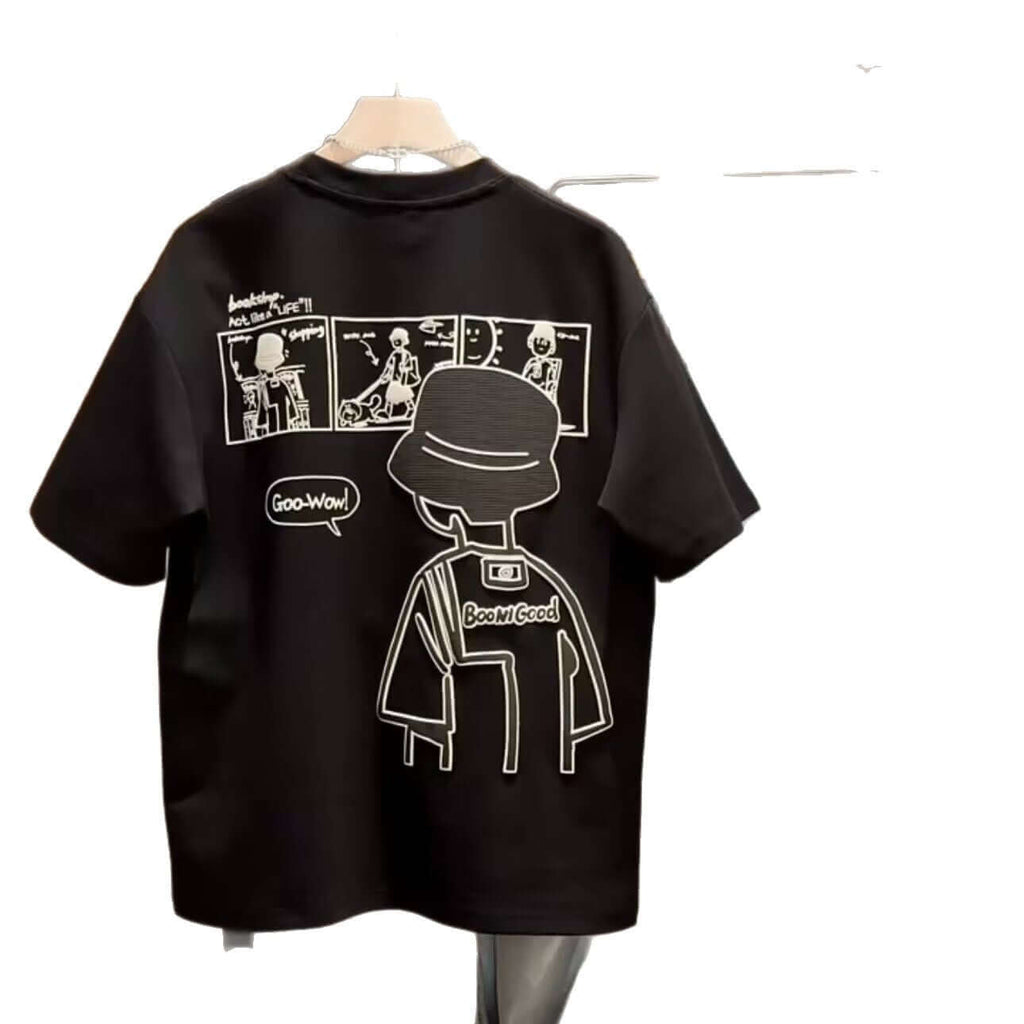 Trendy Unisex Cotton T-Shirt featuring a cartoon graphic design available in black and white colors.