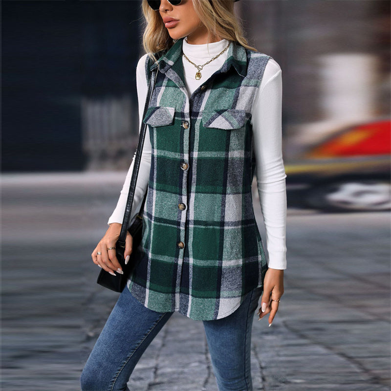 Women's Plaid Lapel Vest Long Sleeveless Jacket