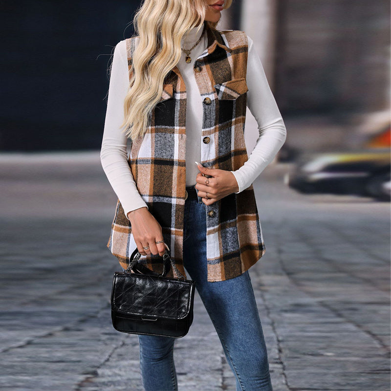 Women's Plaid Lapel Vest Long Sleeveless Jacket