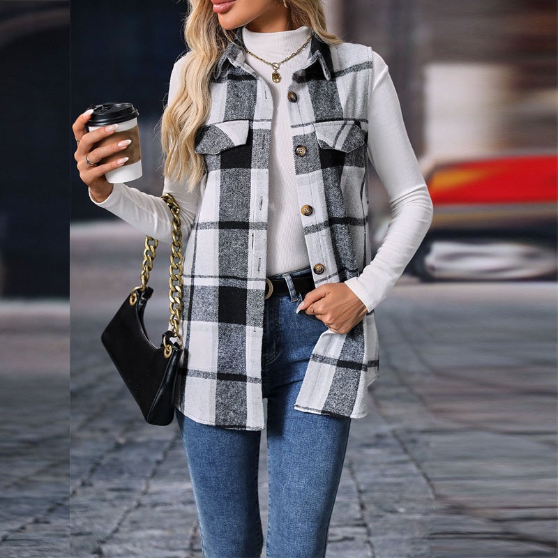 Women's Plaid Lapel Vest Long Sleeveless Jacket