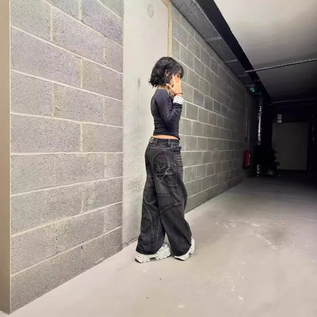 High Street Washed Distressed Black And Gray Straight Jeans