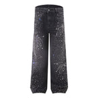 Men's High Street Washed Straight Full Diamond Design Jeans