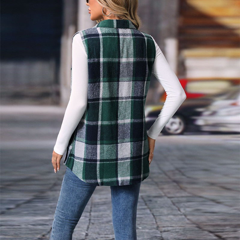 Women's Plaid Lapel Vest Long Sleeveless Jacket