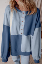 Beau Blue Colorblock Henley High Low Oversize Sweatshirt